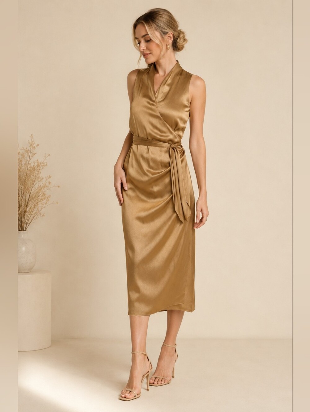 Vince Sleeveless Bronze￼ Drape Neck Wrap Midi Sleeveless Dress XS